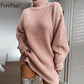 Damen Rollkragen Langarm-Pullover-Kleid für Herbst & Winter, Lose Tunika Gestrickte Lässige Kleidung
