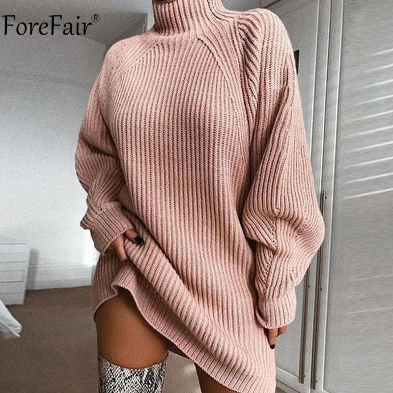 Damen Rollkragen Langarm-Pullover-Kleid für Herbst & Winter, Lose Tunika Gestrickte Lässige Kleidung