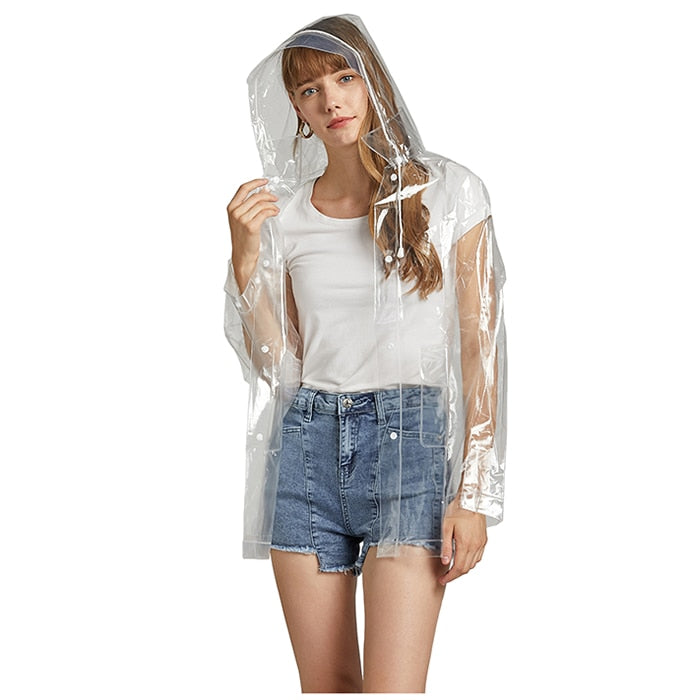 Super transparenter Regenmantel für Damenmode, Wasserdichter Umweltschutz-Regenmantel, wiederverwendbar mit Kapuze und Kordelzug