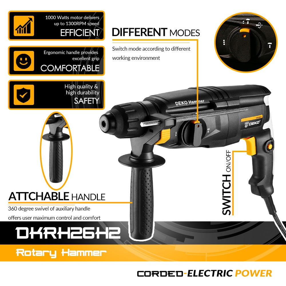 DEKO DKRH26H2 / DKRH20H3 / GJ181 Multifunktionaler Bohrhammer mit BMC & 6-teiligem Zubehör, Elektrischer Abbruchhammer Schlagbohrmaschine