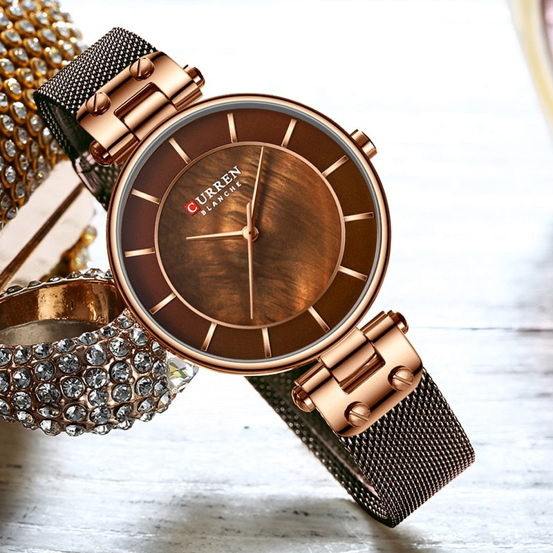 CURREN Mode Frauen Uhr für Damen, Quarzuhren Wasserdicht Stahl Mesh Weiblich Armbanduhr