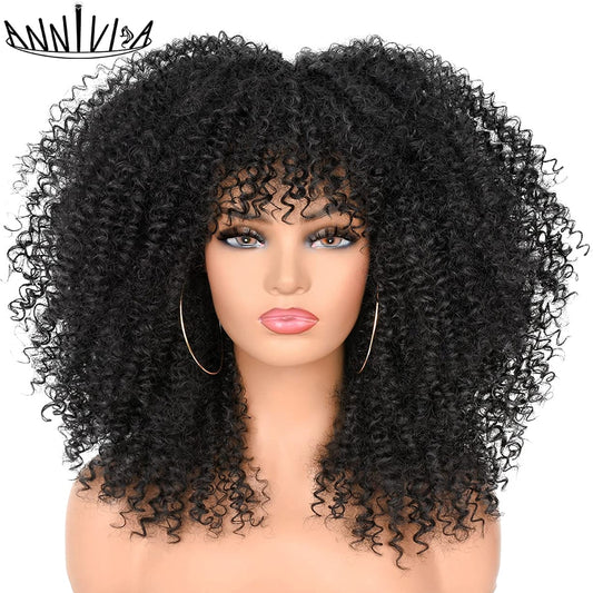 Kurzes Haar Afro Kinky Curly Perücken mit Pony für schwarze Frauen, afrikanische synthetische  Lolita Perücken