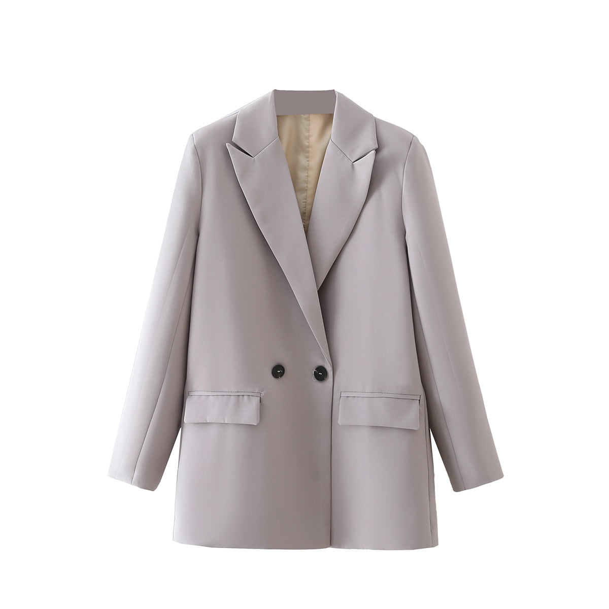 Herbst- und Frühlings-Blazerjacke für Damen, lässiger, einfarbiger, zweireihiger, dekorativer Mantel mit Taschen