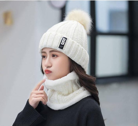 Winter Outdoor Winddicht Wollstrickmütze  für Frauen, Winddichte Bommelmütze mit Schlauchschal