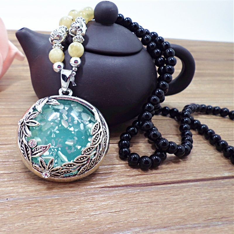 Vintage Ethnic Strand Resin Long Necklace 2019 Women New Gourd Pendant Sweater Chain Fashion Boho High-end Blue Neck Accessories