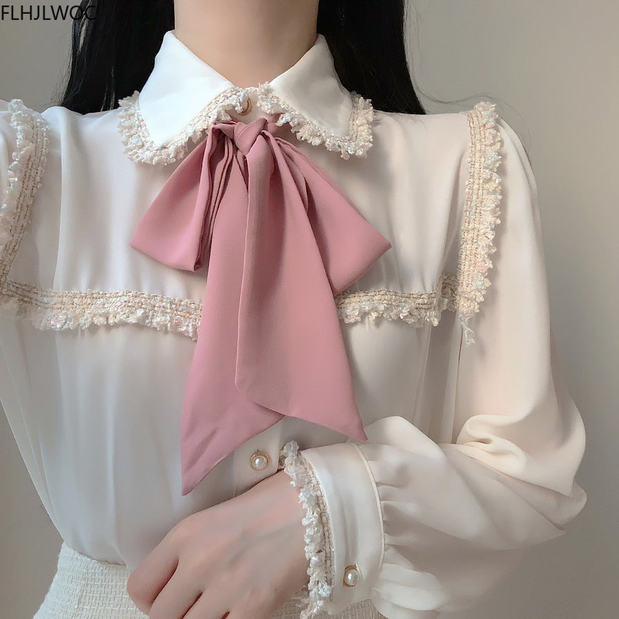 Elegante Formale Hemden-Blusen, Nette Fliege-Tops mit Japaner Korea Design Knopf