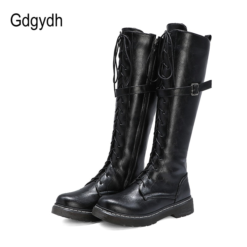 Herbst British Style Kniehohe Stiefel Für Frauen, Weibliche Stiefel Runde Zehe, Niedrige Absätze
