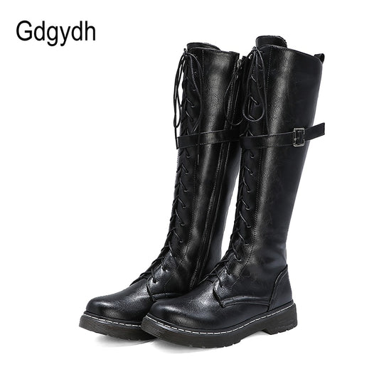 Herbst British Style Kniehohe Stiefel Für Frauen, Weibliche Stiefel Runde Zehe, Niedrige Absätze
