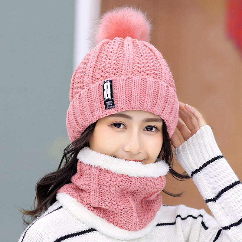 Winter Outdoor Winddicht Wollstrickmütze  für Frauen, Winddichte Bommelmütze mit Schlauchschal