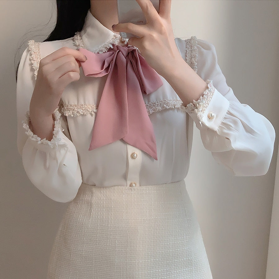 Elegante Formale Hemden-Blusen, Nette Fliege-Tops mit Japaner Korea Design Knopf