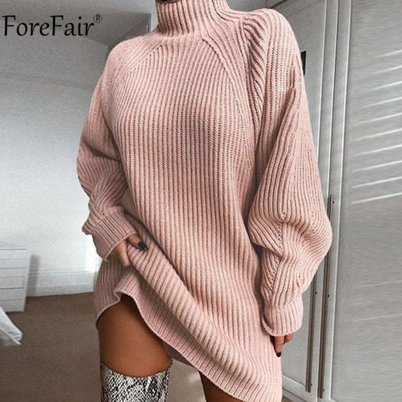Damen Rollkragen Langarm-Pullover-Kleid für Herbst & Winter, Lose Tunika Gestrickte Lässige Kleidung