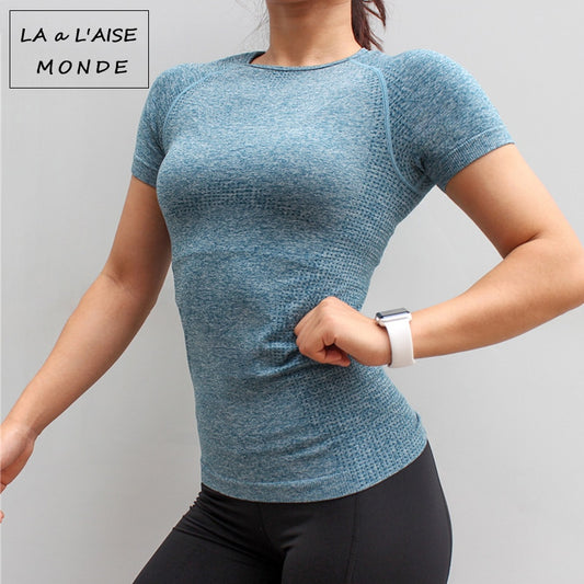 Damen Nahtloses Sportshirt, Kurzarm Yoga Sportbekleidung für Damen
