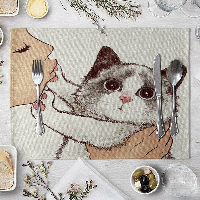 Abwaschbare Katzen Tischsets, Süße Katze Cartoon als Tiermuster