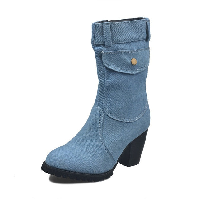 Blaue Jeansstiefel Damen Mid-Rise Rome Solid Slip-On Chunky Med Heels Boots Wild Vintage Large Size Damenschuhe