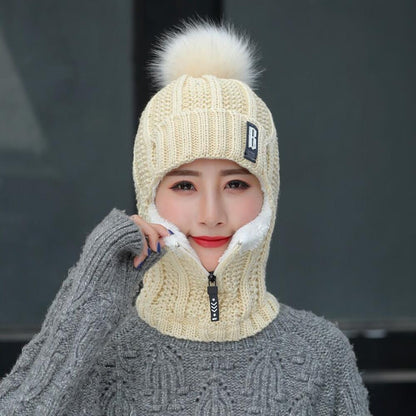 Winter Outdoor Winddicht Wollstrickmütze  für Frauen, Winddichte Bommelmütze mit Schlauchschal