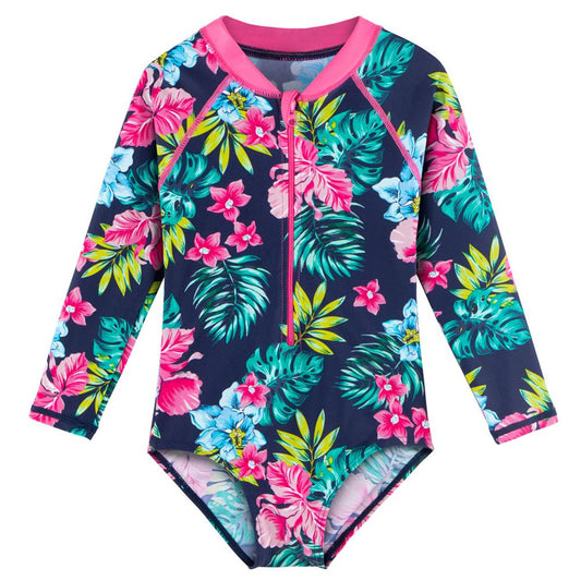 Navy Floral Mädchen Bademode für Kinder, Langarm Einteiler Strand Badeanzug