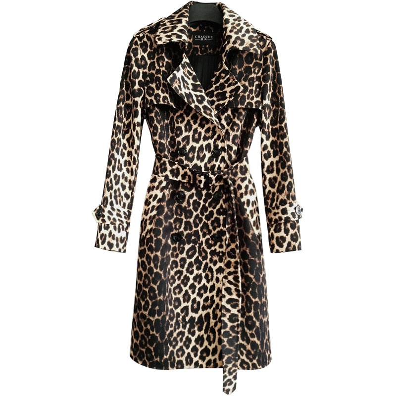 Britische Leopard Damen Mantel mit Gürtel, Zweireiher Lange Windjacke