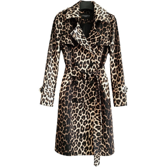 Britische Leopard Damen Mantel mit Gürtel, Zweireiher Lange Windjacke
