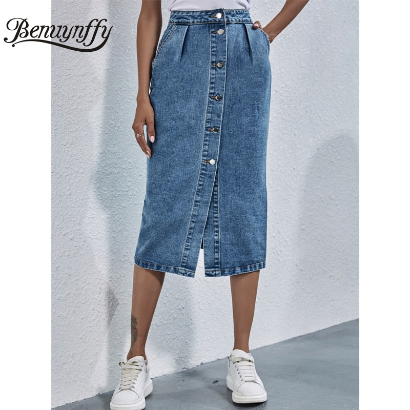 Einreihiger Knielanger Jeansrock für Damen