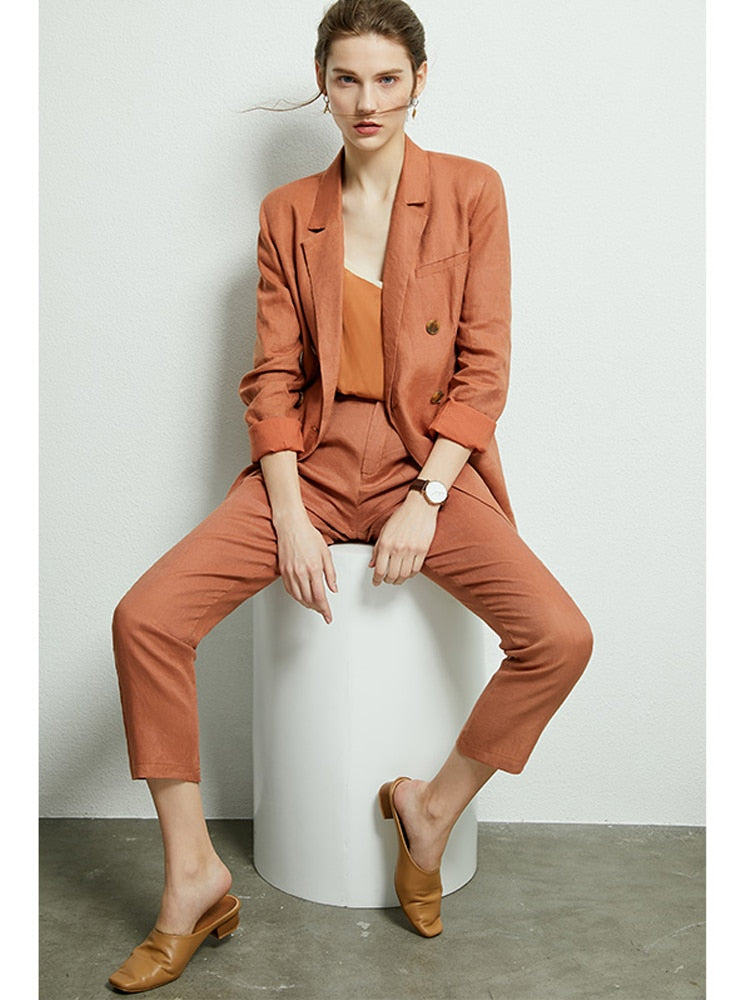 Damen Zweireihiger Anzug, Mantel Hohe Taille Solide Kurz & lange Hose