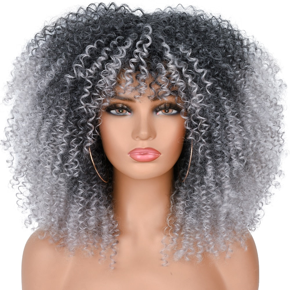 Kurzes Haar Afro Kinky Curly Perücken mit Pony für schwarze Frauen, afrikanische synthetische  Lolita Perücken