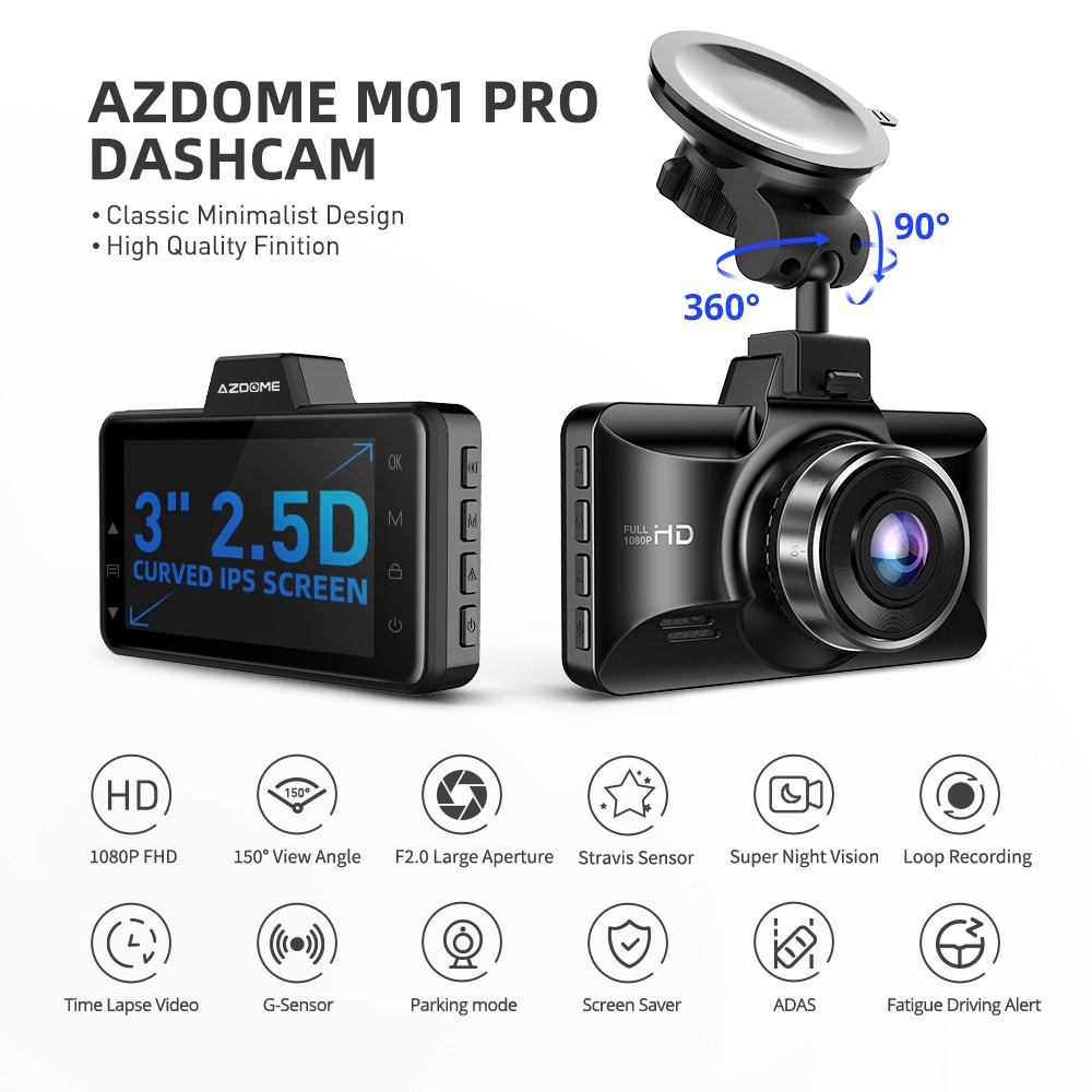 AZDOME M01 Pro FHD 1080P Dash Cam 3 Zoll DVR Autofahren Recorder Nachtsicht, Park Monitor, G-Sensor, Loop-Aufnahme für Uber