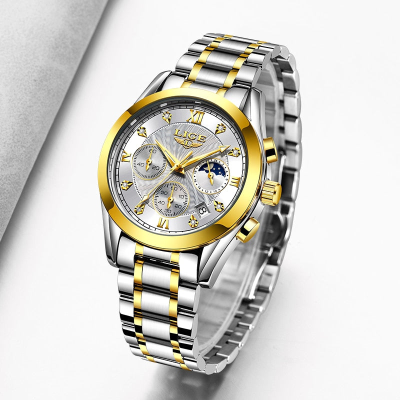 LIGE 2022 Neue Gold Uhr, Frauen Uhren Damen Kreativ Stahl, Armband Uhren Frauen Wasserdicht