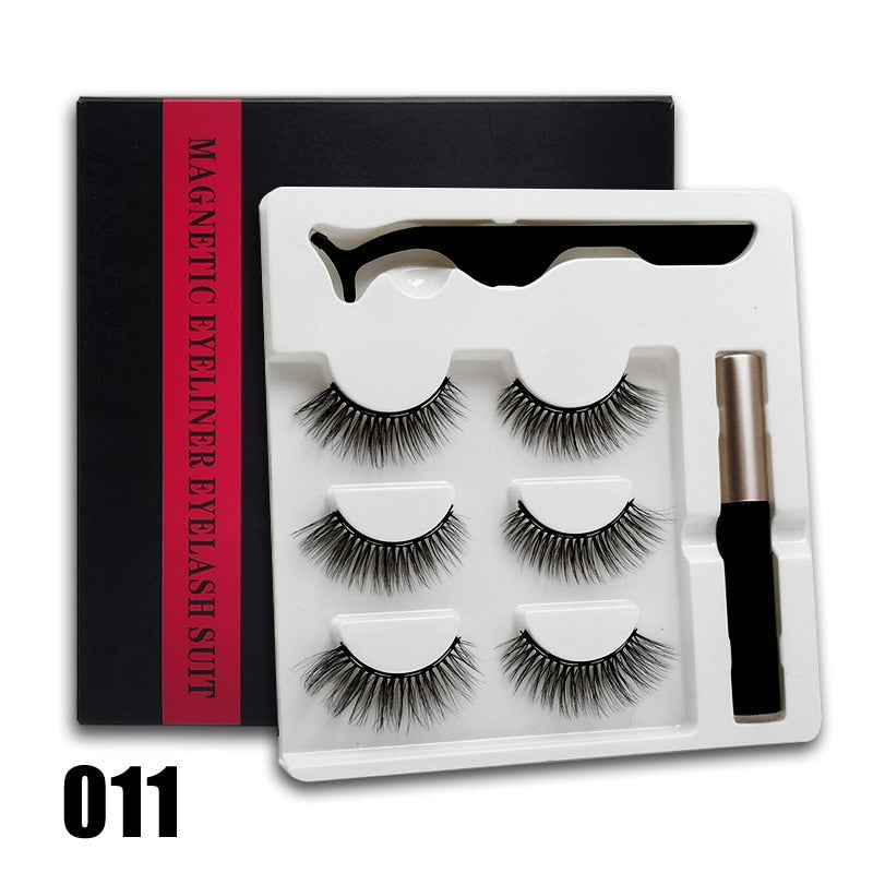 3 Paar 3D-magnetische Wimpern und flüssiger Eyeliner-Kit, natürlicher Look