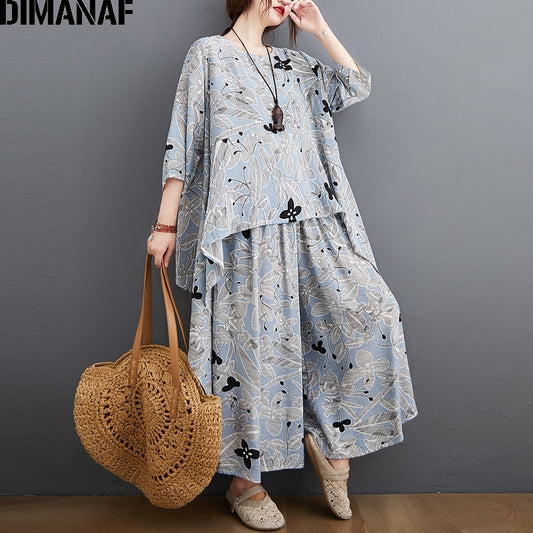 DIMANAF Plus Größe Zwei Stück Set Anzug, elegante weiblichen Tops Hemd Leinen lose Hosen für den Sommer