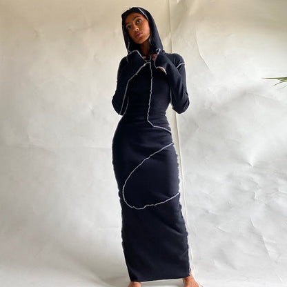 Langärmeliges Patchwork-Skinny-Maxikleid mit Kapuze, Herbst Winter Damenmode Streetwear Casual Outfits
