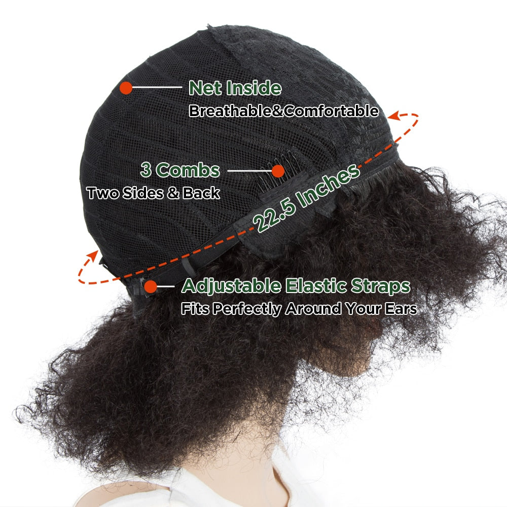 Flauschige Afro Kinky Curly Perücke für schwarze Frauen, Remy brasilianisches menschliches Haar kurze freche menschliche Haarperücken natürliches Braun