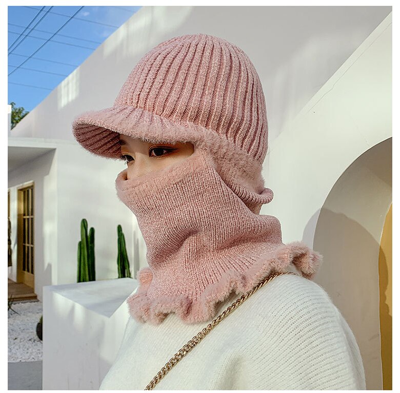 Warmer Hals Strickmütze Pelz Pompoms, Maske Wintermütze für Damen, Wolle Strickmütze