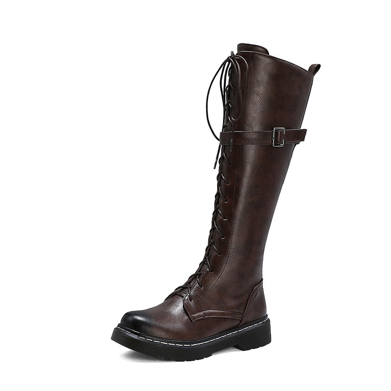 Herbst British Style Kniehohe Stiefel Für Frauen, Weibliche Stiefel Runde Zehe, Niedrige Absätze