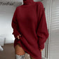 Damen Rollkragen Langarm-Pullover-Kleid für Herbst & Winter, Lose Tunika Gestrickte Lässige Kleidung