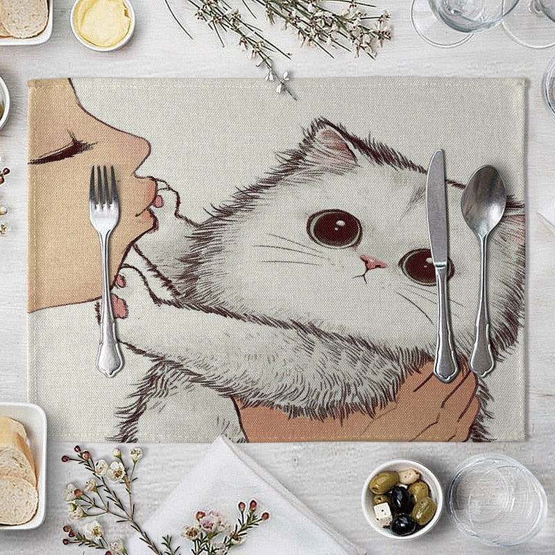 Abwaschbare Katzen Tischsets, Süße Katze Cartoon als Tiermuster