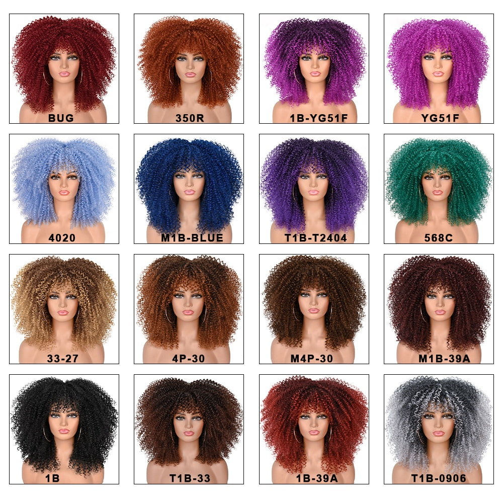 Kurzes Haar Afro Kinky Curly Perücken mit Pony für schwarze Frauen, afrikanische synthetische  Lolita Perücken