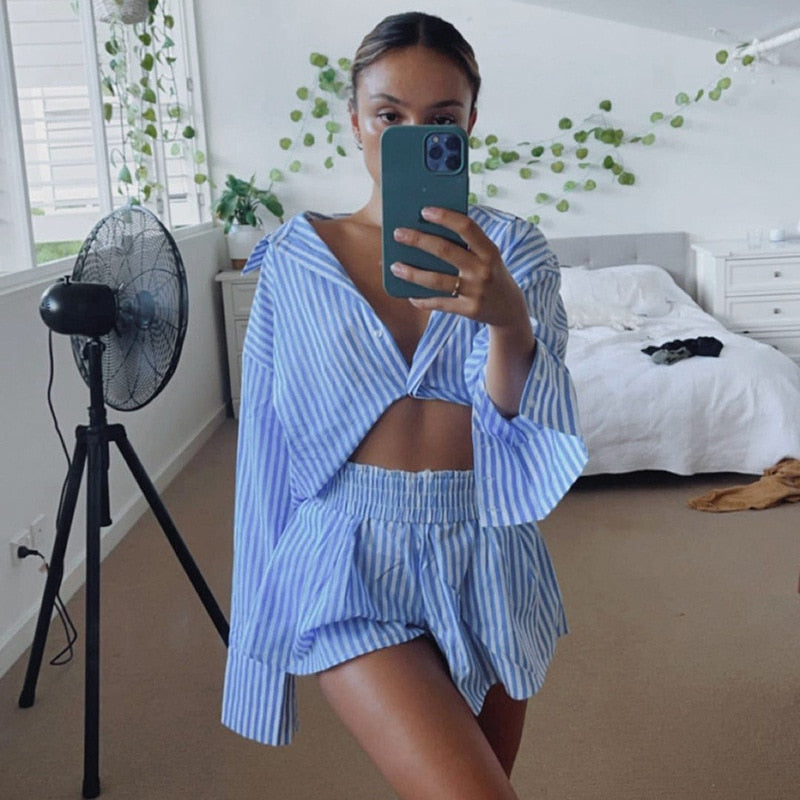 Kryptographische Mode lässig gestreiften Bluse Shirts und Shorts, Top Sommeroutfits für junge Damen
