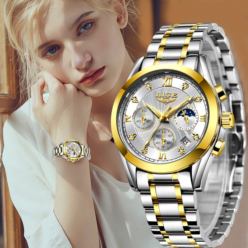LIGE 2022 Neue Gold Uhr, Frauen Uhren Damen Kreativ Stahl, Armband Uhren Frauen Wasserdicht