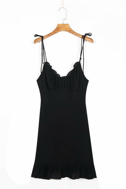 Verstellbares Retro Rüschen Minikleid für Frauen, Spaghettiträger rot schwarz elastisches Urlaubsmode