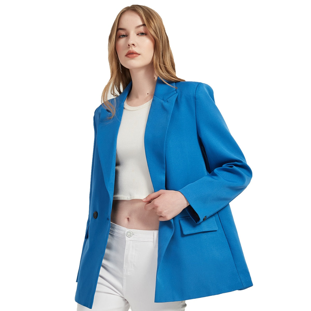 Herbst- und Frühlings-Blazerjacke für Damen, lässiger, einfarbiger, zweireihiger, dekorativer Mantel mit Taschen