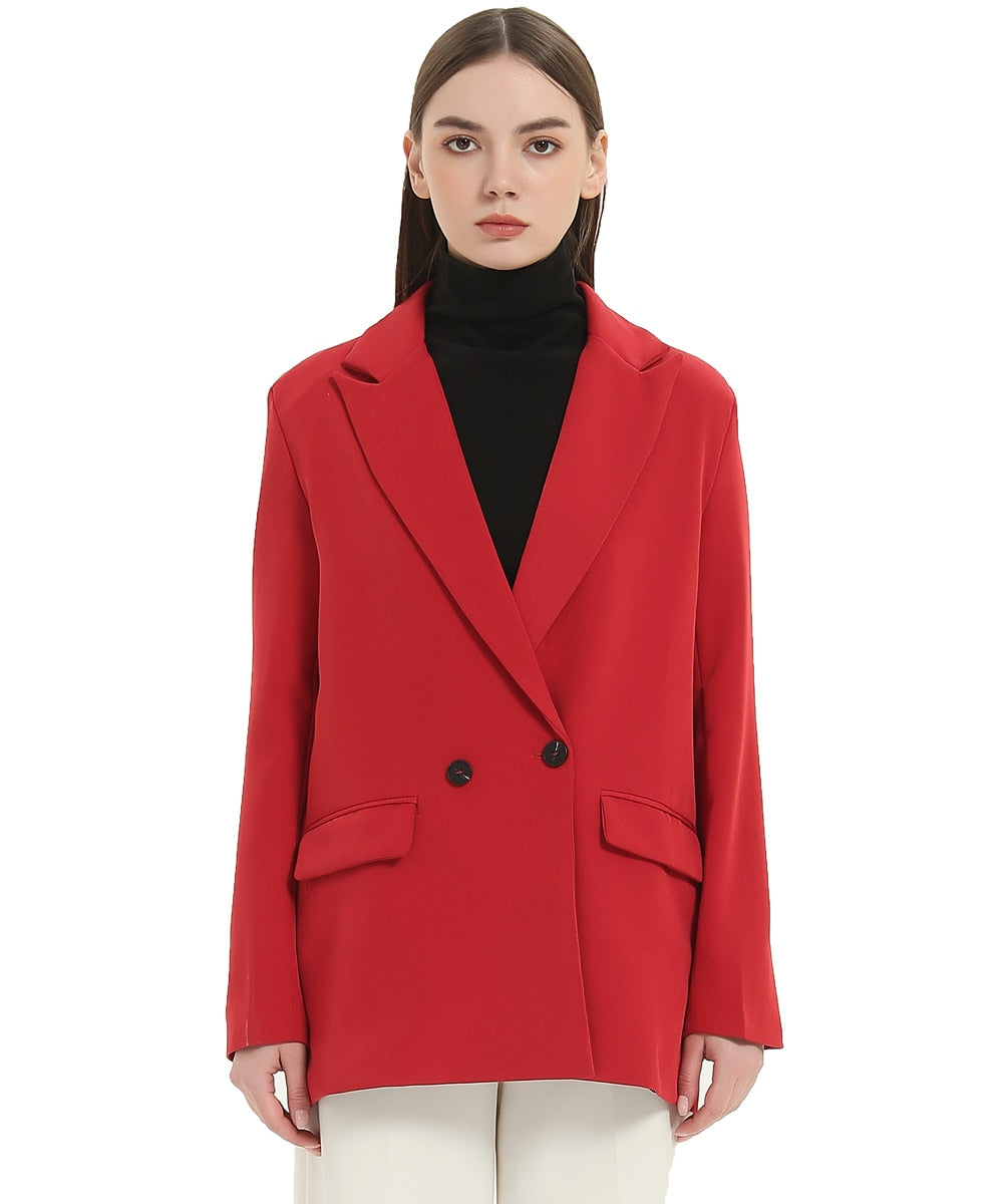 Herbst- und Frühlings-Blazerjacke für Damen, lässiger, einfarbiger, zweireihiger, dekorativer Mantel mit Taschen