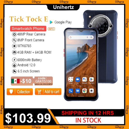 Unihertz Tick Tock E Octa Core Android Smartphone 6000 mAh, 6,5 Zoll Bildschirm 4 GB, 64 GB Mobiltelefon, 48 MP Entsperren Sie das Schnellladetelefon