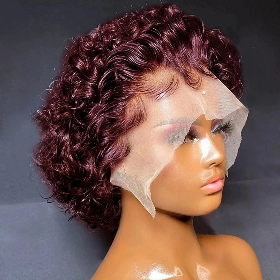 Pixie Cut Perücke 99J Burgunder Wasser Tiefe Welle Spitze Perücke Afro Lockig, Kurzer Bob Echthaar Perücken Natürliche Farbe