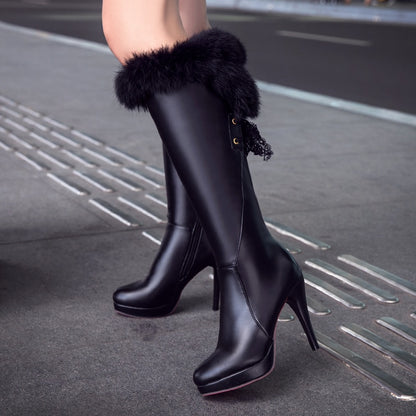 Kniehohe Stiefel Damen Winterstiefel, Dicke High Heel, Lange Stiefel Runde Slip