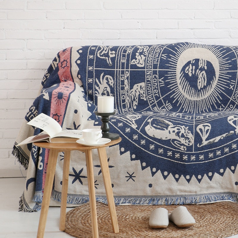 Sofa-Überwurfdecke im europäischen Stil, Baumwollfaden, gestrickte Decke mit Quastengeometrie