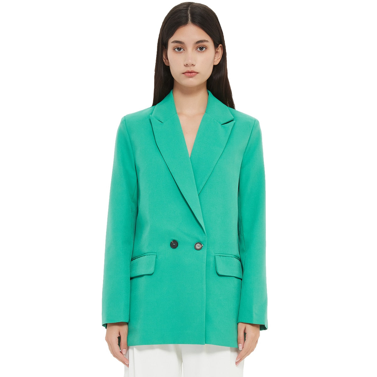 Herbst- und Frühlings-Blazerjacke für Damen, lässiger, einfarbiger, zweireihiger, dekorativer Mantel mit Taschen
