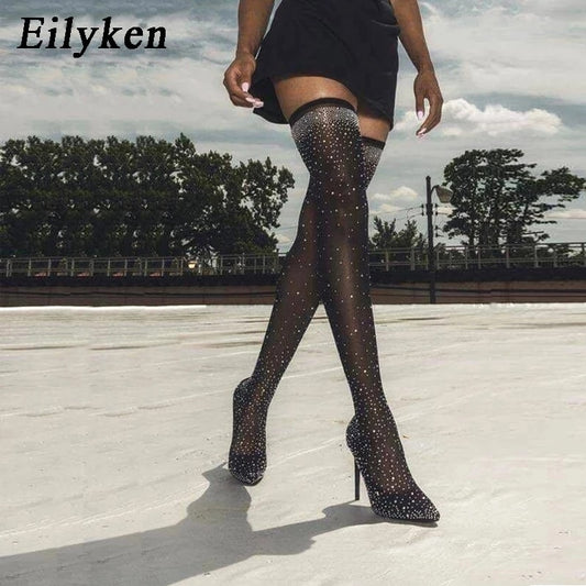 Runway Kristall Stretch Stoff Socke, Over-the-Knie Stiefel Oberschenkel Hohe Zehenspitze