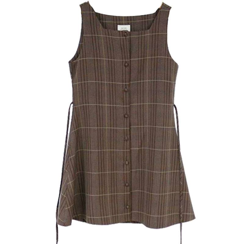 Ärmellose Weste Korea-japanischer Art mit kariertem Knopf Hemd Kleid