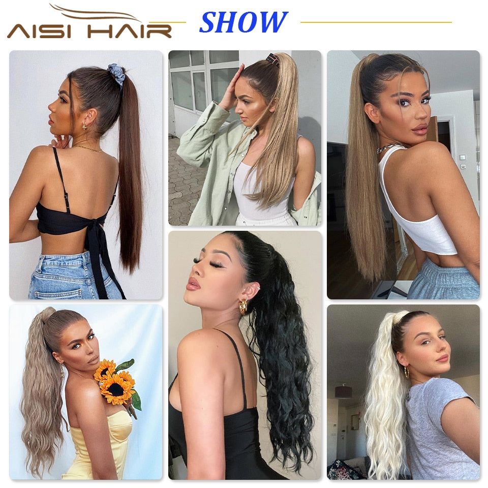 AISI HAIR Synthetische Lange Gerade Pferdeschwanzverlängerung, Blond Wrap Around Pferdeschwanz Clip in Haarteil