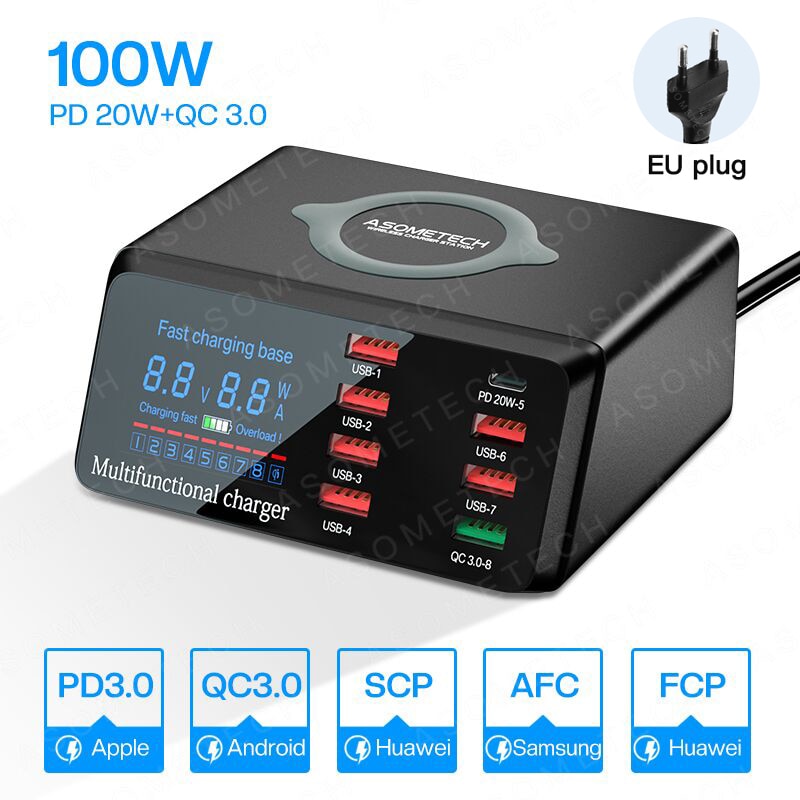 100 W Multi-USB-Drahtloses Ladegerät, HUB Schnellladung 3 Typ C PD Schnellladegerät